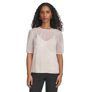 Calvin Klein Women's Floral-Motif Textured Chiffon Top Stony Beige NWT Small